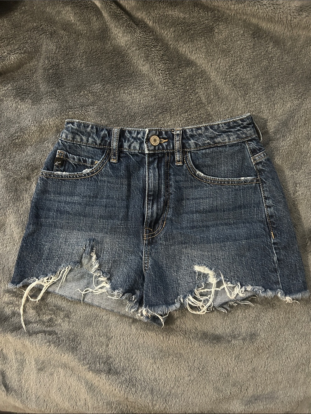 KanCan Dark Blue Distressed Frayed Hem Jean Shorts